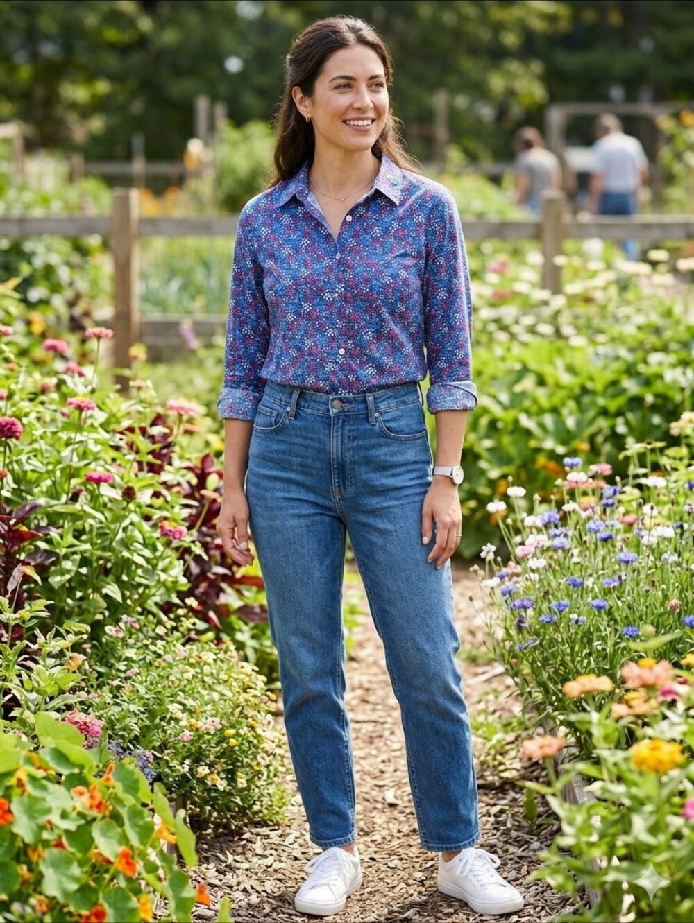 L.L. Bean Blue and Red Floral Button Down Shirt
